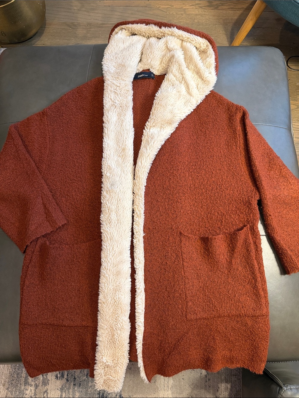 Zara Knit Women’s Sherpa Trim Hooded Cardigan in Rust Size Small